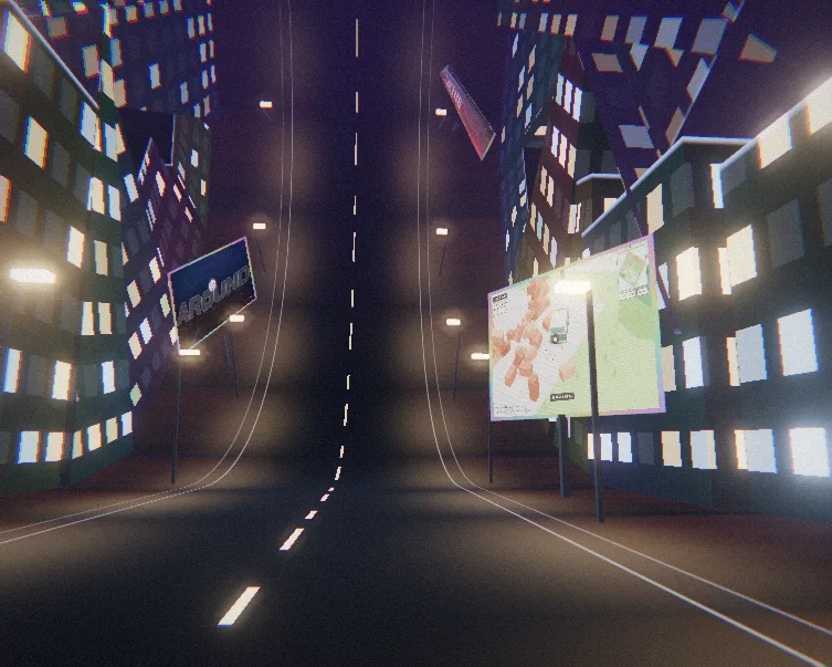 A street lined with screens showing Appel Studios work, curling upward into a wall ahead.