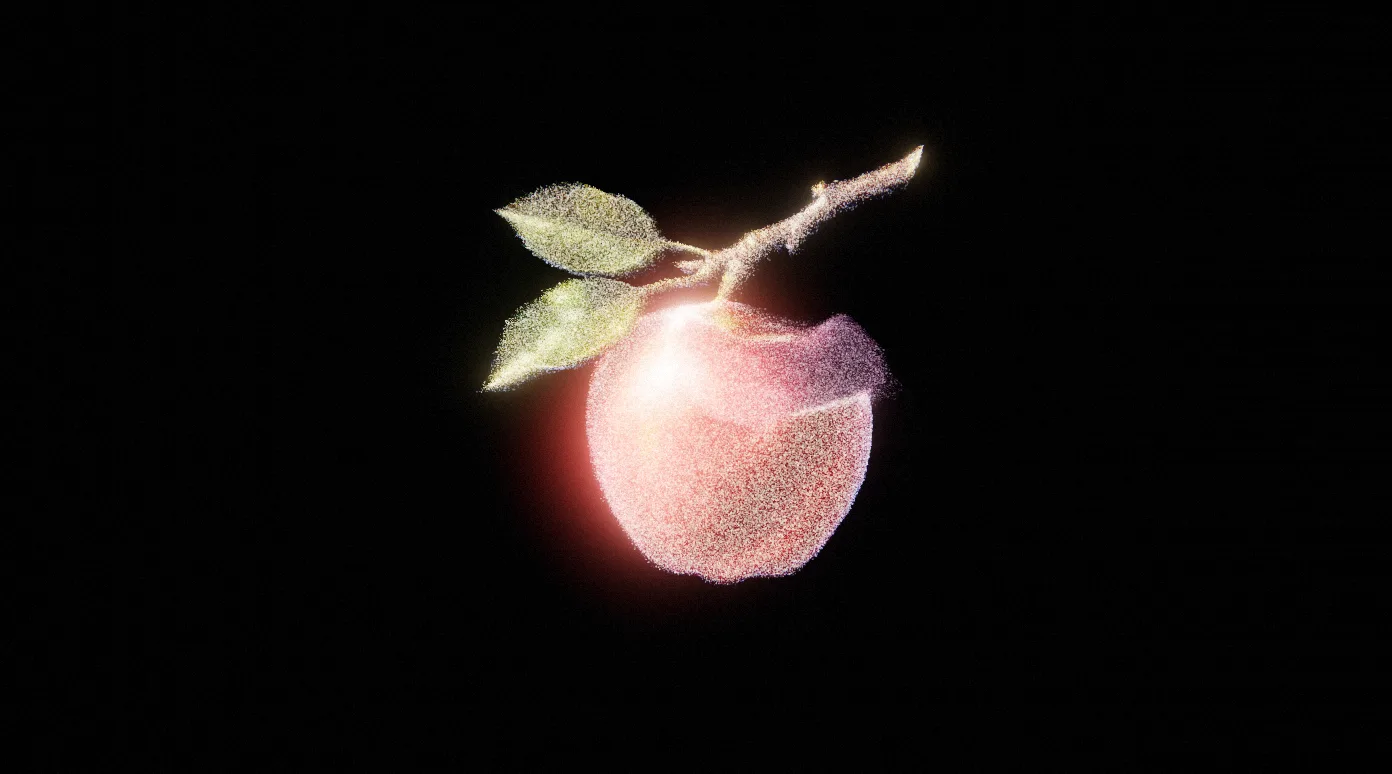 The Appel apple made of a million points of red and gold dust, streaming apart and reforming.