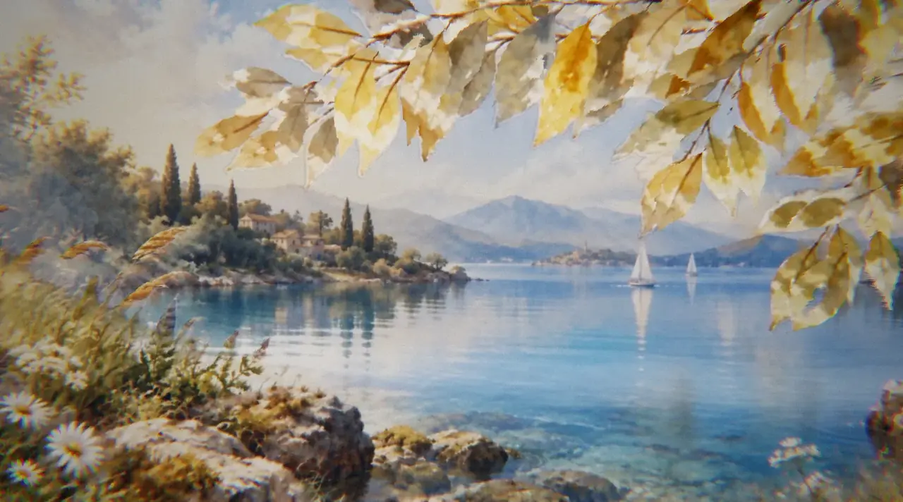 The lake from the Appel Studios welcome film, standing up off the screen in relief: autumn leaves near, the far shore in haze.