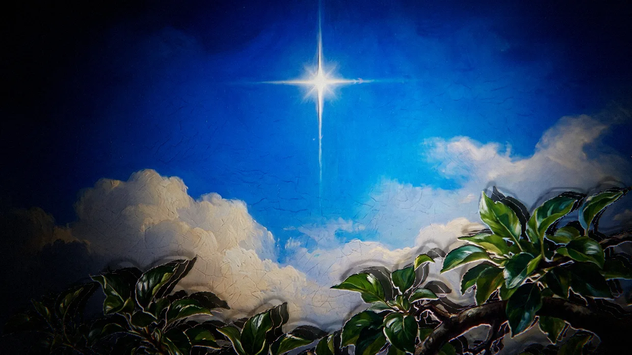 The Appel apple tree painting separated into floating layers by depth: star, clouds and the branch each at their own distance.